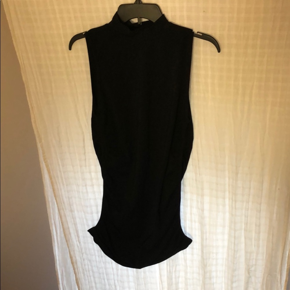 Black sleeveless ruched turtle neck tunic